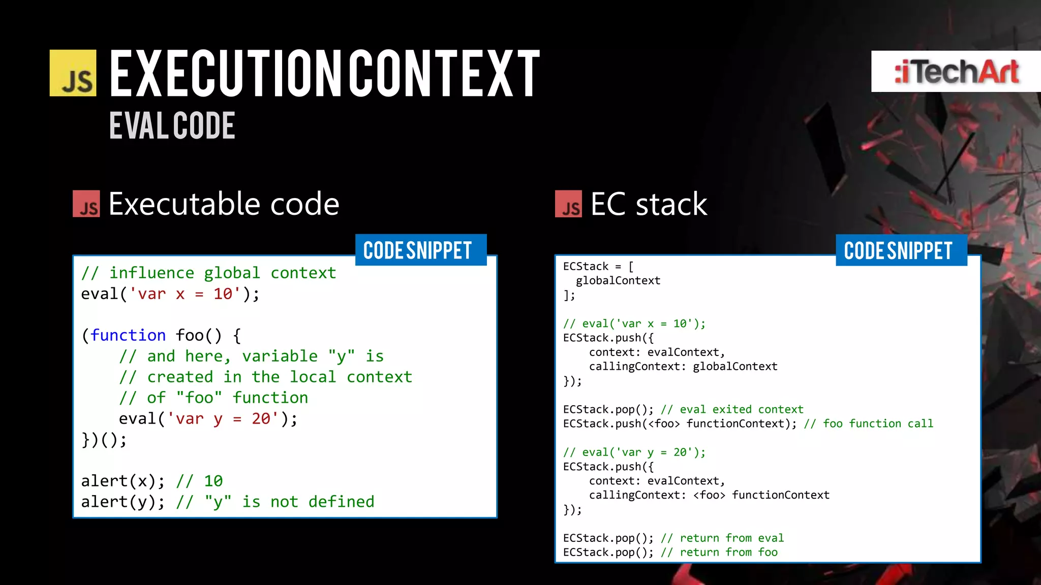 Execution context
  Evalcode

  Executable code                                EC stack
                              CODE SNIPPET                                               CODE SNIPPET
                                             ECStack = [
// influence global context                    globalContext
eval('var x = 10');                          ];

                                             // eval('var x = 10');
(function foo() {                            ECStack.push({
    // and here, variable "y" is                 context: evalContext,
                                                 callingContext: globalContext
    // created in the local context          });
    // of "foo" function
                                             ECStack.pop(); // eval exited context
    eval('var y = 20');                      ECStack.push(<foo> functionContext); // foo function call
})();
                                             // eval('var y = 20');
                                             ECStack.push({
alert(x); // 10                                  context: evalContext,
                                                 callingContext: <foo> functionContext
alert(y); // "y" is not defined              });

                                             ECStack.pop(); // return from eval
                                             ECStack.pop(); // return from foo
 