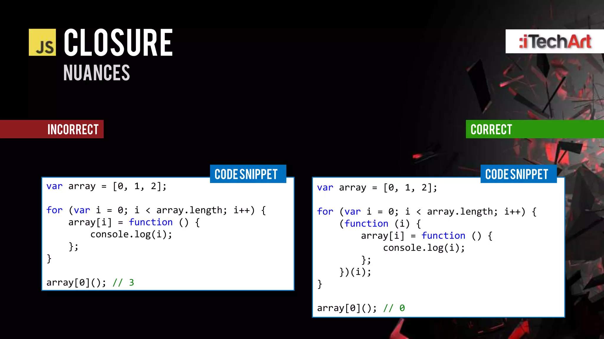 Closure
   nuances


incorrect                                                               Correct


                              CODE SNIPPET                                 CODE SNIPPET
var array = [0, 1, 2];                       var array = [0, 1, 2];

for (var i = 0; i < array.length; i++) {     for (var i = 0; i < array.length; i++) {
    array[i] = function () {                     (function (i) {
        console.log(i);                              array[i] = function () {
    };                                                   console.log(i);
}                                                    };
                                                 })(i);
array[0](); // 3                             }

                                             array[0](); // 0
 