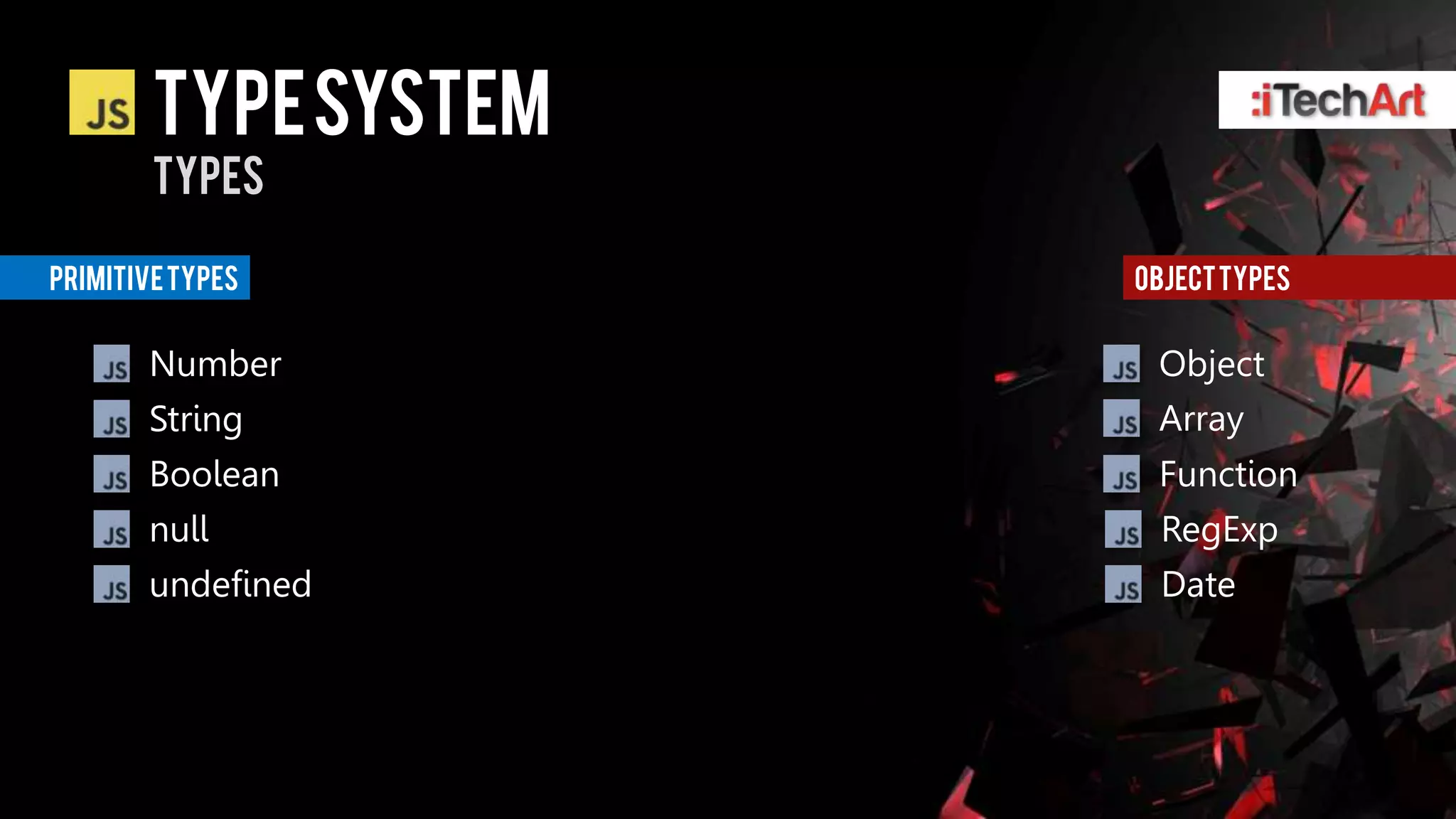 Type system
        Types

Primitive types       Object types


       Number          Object
       String          Array
       Boolean         Function
       null             RegExp
       undefined        Date
 