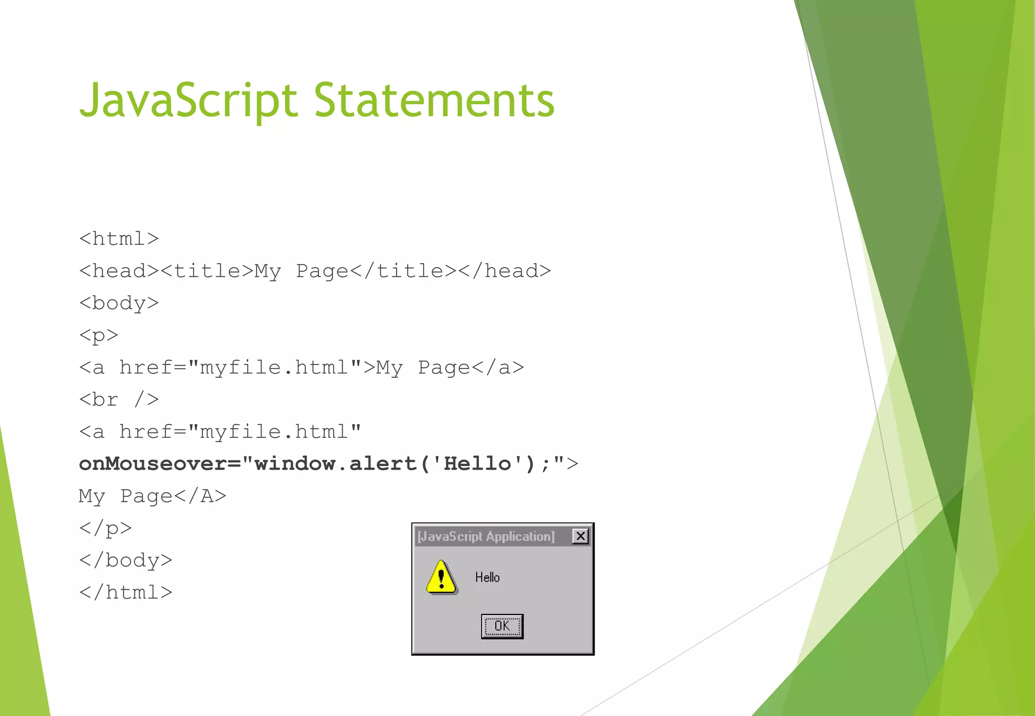 JavaScript Statements
<html>
<head><title>My Page</title></head>
<body>
<p>
<a href="myfile.html">My Page</a>
<br />
<a href="myfile.html"
onMouseover="window.alert('Hello');">
My Page</A>
</p>
</body>
</html>
 