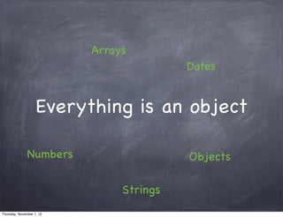 Arrays
                                          Dates


                    Everything is an object

               Numbers                    Objects

                                Strings
Thursday, November 1, 12
 