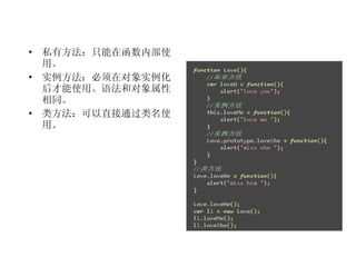 私有方法：只能在函数内部使用。 实例方法：必须在对象实例化后才能使用。语法和对象属性相同。 类方法：可以直接通过类名使用。 