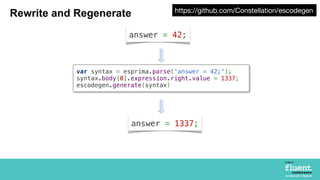 https://github.com/Constellation/escodegen
Rewrite and Regenerate
                          answer = 42;



            va...