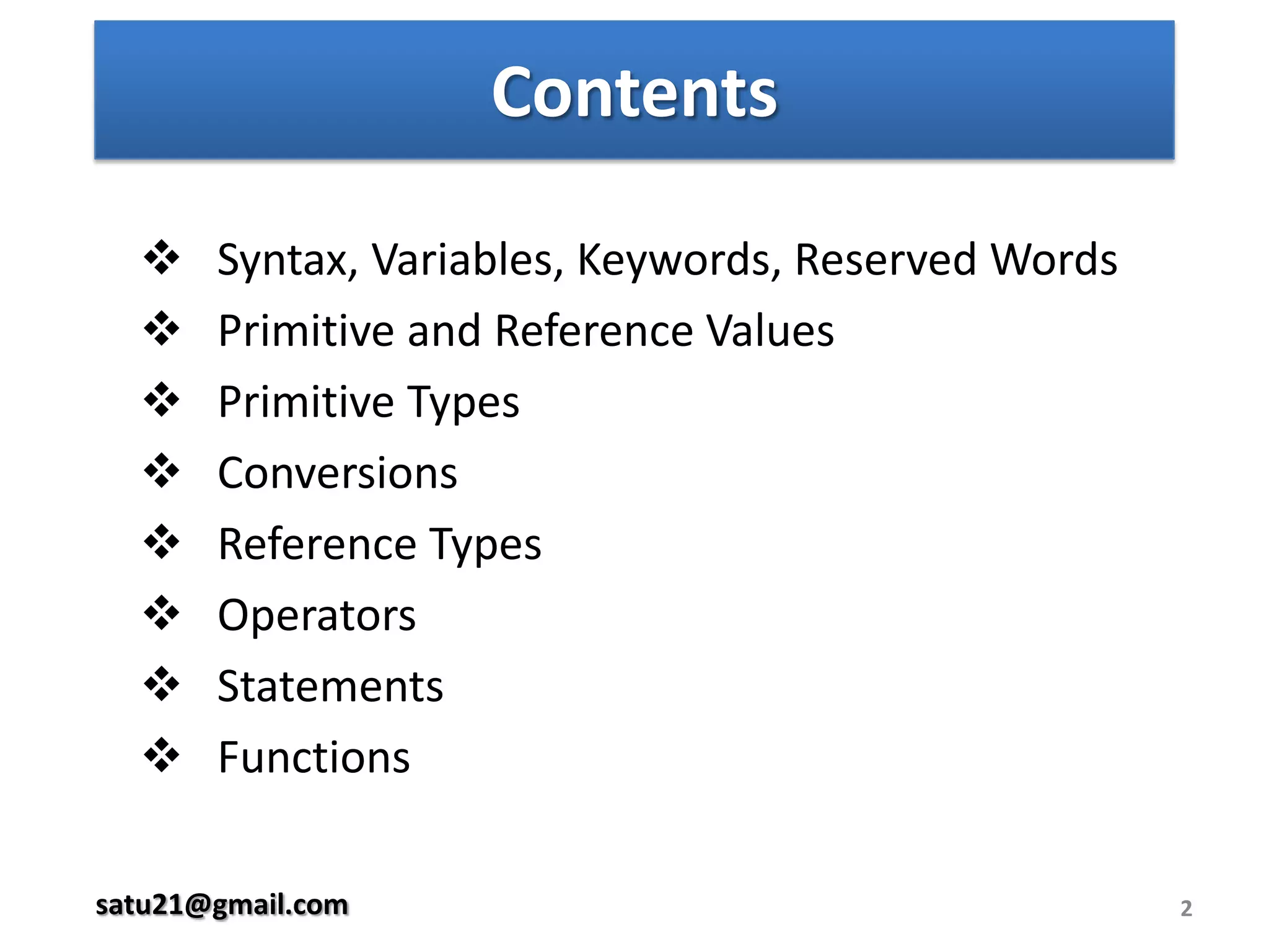 Contents2   Syntax, Variables, Keywords, Reserved Words