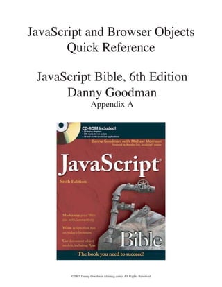 JavaScript and Browser Objects
       Quick Reference

 JavaScript Bible, 6th Edition
      Danny Goodman
                    Appendix A




       ©2007 Danny Goodman (dannyg.com). All Rights Reserved.