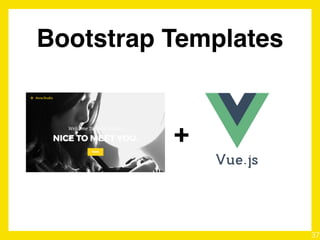 <div id=“app”>{{ message }}</div>
HTML
var app = new Vue ({
el: “#app”,
data: {
message: ‘Hello Vue!’ 
}
})
JavaScript
Hello Vue!
Output
37
 