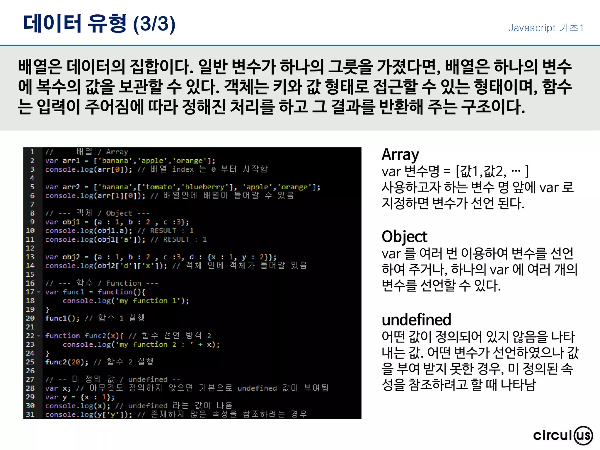 데이터 유형 (3/3)
배열은 데이터의 집합이다. 일반 변수가 하나의 그릇을 가졌다면, 배열은 하나의 변수
에 복수의 값을 보관할 수 있다. 객체는 키와 값 형태로 접근할 수 있는 형태이며, 함수
는 입력이 주어짐에 따라 정해진 처리를 하고 그 결과를 반환해 주는 구조이다.
Array
var 변수명 = [값1,값2, … ]
사용하고자 하는 변수 명 앞에 var 로
지정하면 변수가 선언 된다.
Object
var 를 여러 번 이용하여 변수를 선언
하여 주거나, 하나의 var 에 여러 개의
변수를 선언할 수 있다.
undefined
어떤 값이 정의되어 있지 않음을 나타
내는 값. 어떤 변수가 선언하였으나 값
을 부여 받지 못한 경우, 미 정의된 속
성을 참조하려고 할 때 나타남
Javascript 기초1
 