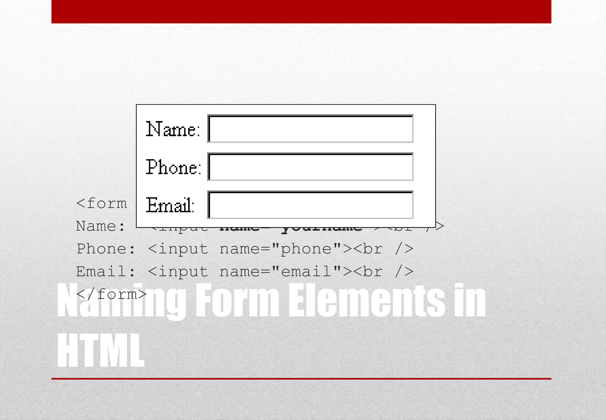 Naming Form Elements in HTML <form name="addressform"> Name: <input name="yourname"><br /> Phone: <input name="phone"><br /> Email: <input name="email"><br /> </form> 