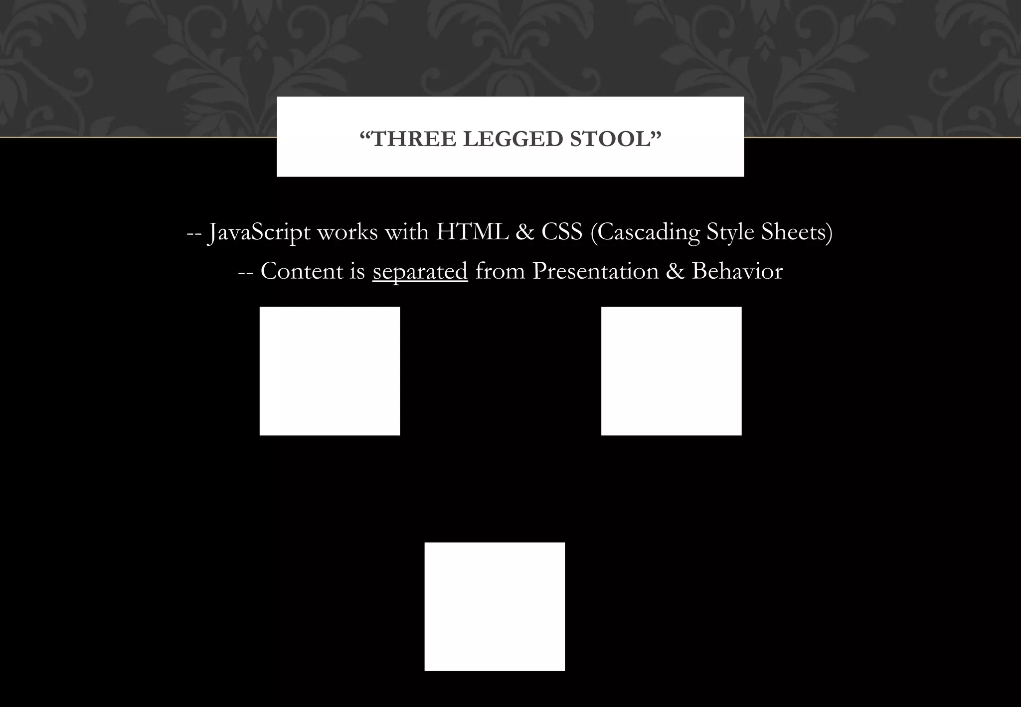-- JavaScript works with HTML & CSS (Cascading Style Sheets) -- Content is separated from Presentation & Behavior “THREE LEGGED STOOL” HTML Content CSS (Cascading Style Sheets) Presentation JavaScript Behavior 