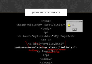 <html>
<head><title>My Page</title></head>
<body>
<p>
<a href="myfile.html">My Page</a>
<br />
<a href="myfile.html"
onMouseover="window.alert('Hello');">
My Page</A>
</p>
</body>
</html>
JAVASCRIPT STATEMENTS
JavaScript written
inside HTML
An Event
 
