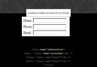<form name="addressform">
Name: <input name="yourname"><br />
Phone: <input name="phone"><br />
Email: <input name="email"><br />
</form>
NAMING FORM ELEMENTS IN HTML
 