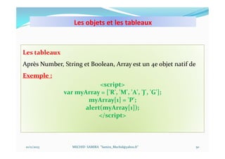 Les objets et les tableaux
10/11/2023 MECHID SAMIRA "Samira_Mechid@yahoo.fr"
Les tableaux
Après Number, String et Boolean, Array est un 4e objet natif de
Exemple :
<script>
var myArray = ['R', 'M', 'A', 'J', 'G'];
myArray[1] = 'P';
alert(myArray[1]);
</script>
50
 