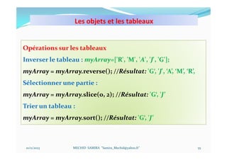 Les objets et les tableaux
10/11/2023 MECHID SAMIRA "Samira_Mechid@yahoo.fr"
Opérations sur les tableaux
Inverser le tableau : myArray=['R', 'M', 'A', 'J', 'G'];
myArray = myArray.reverse(); //Résultat: 'G‘, 'J', ‘A’, ‘M’, ‘R’,
Sélectionner une partie :
myArray = myArray.slice(0, 2); //Résultat: 'G‘, 'J’
Trier un tableau :
myArray = myArray.sort(); //Résultat: 'G‘, 'J’
55
 