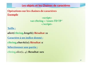 Les objets et les Chaines de caractères
10/11/2023 MECHID SAMIRA "Samira_Mechid@yahoo.fr"
Opérations sur les chaines de caractères
Exemple
<script>
var cString = ‘cours TD TP ‘
</script>
Taille :
alert(cString.length); Résultat :11
Caractère à un indice donné :
cString.charAt(0); Résultat :c
Sélectionner une partie :
cString.slice(2, 4); Resultat :urs
56
 