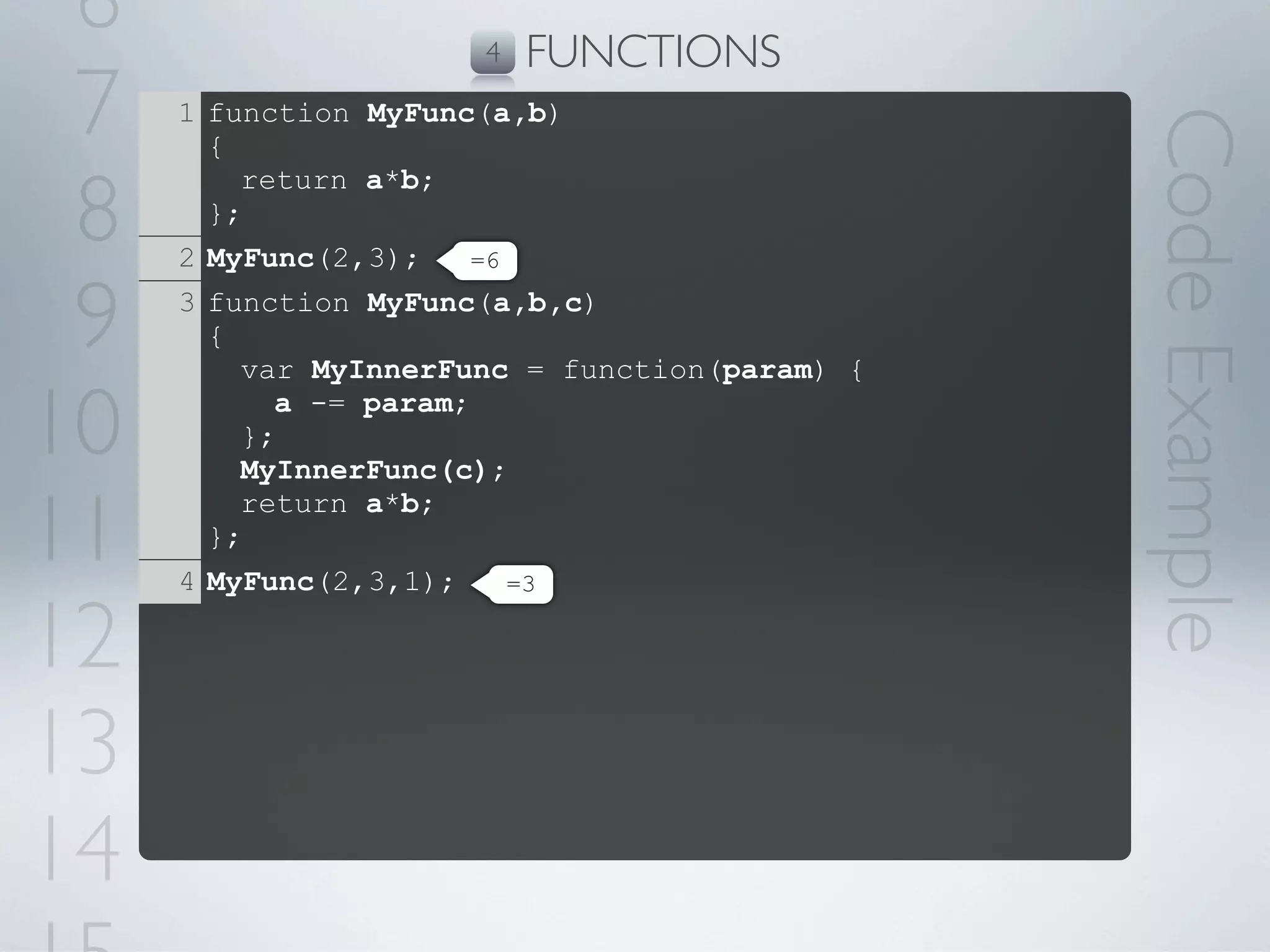 6                    4   FUNCTIONS
 7   1 function MyFunc(a,b)




                                               Code Example
       {

 8
         return a*b;
       };
     2 MyFunc(2,3);   =6


 9   3 function MyFunc(a,b,c)
       {
         var MyInnerFunc = function(param) {

10       };
           a -= param;

         MyInnerFunc(c);

11
         return a*b;
       };
     4 MyFunc(2,3,1);    =3


12
13
14
 