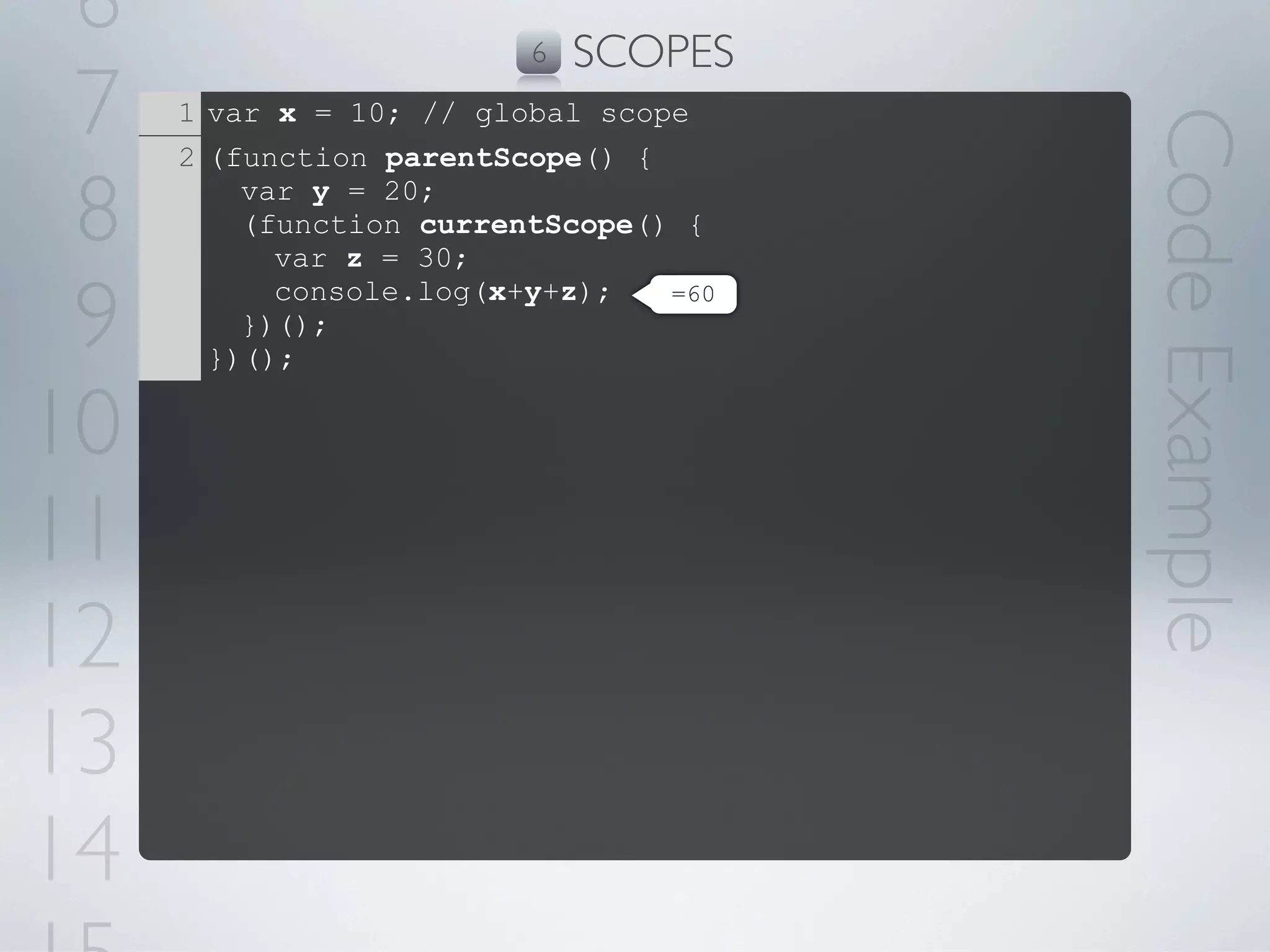 6                       6   SCOPES
 7   1 var x = 10; // global scope




                                       Code Example
     2 (function parentScope() {

 8       var y = 20;
         (function currentScope() {
           var z = 30;

 9         console.log(x+y+z);   =60
         })();
       })();

10
11
12
13
14
 