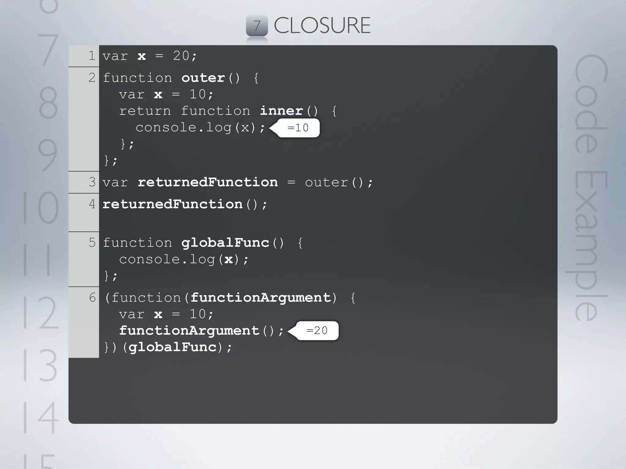 6                      7   CLOSURE
 7   1 var x = 20;




                                         Code Example
     2 function outer() {

 8       var x = 10;
         return function inner() {
           console.log(x); =10

 9       };
       };
     3 var returnedFunction = outer();

10   4 returnedFunction();



11
     5 function globalFunc() {
         console.log(x);
       };


12
     6 (function(functionArgument) {
         var x = 10;
         functionArgument(); =20
       })(globalFunc);

13
14
 