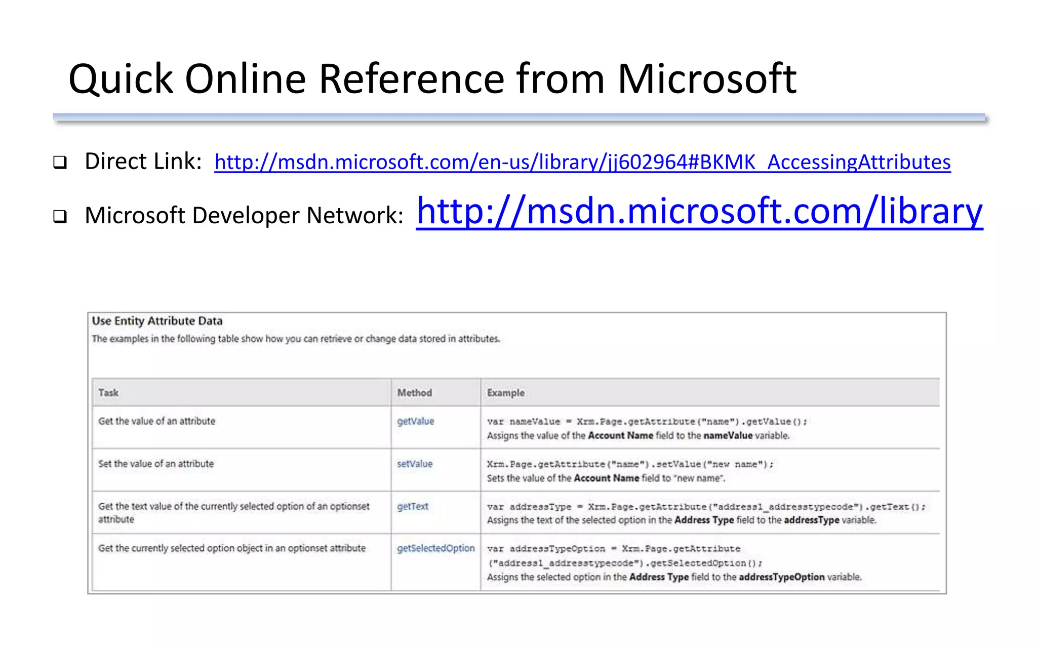 Quick Online Reference from Microsoft
 Direct Link: http://msdn.microsoft.com/en-us/library/jj602964#BKMK_AccessingAttributes
 Microsoft Developer Network: http://msdn.microsoft.com/library
 