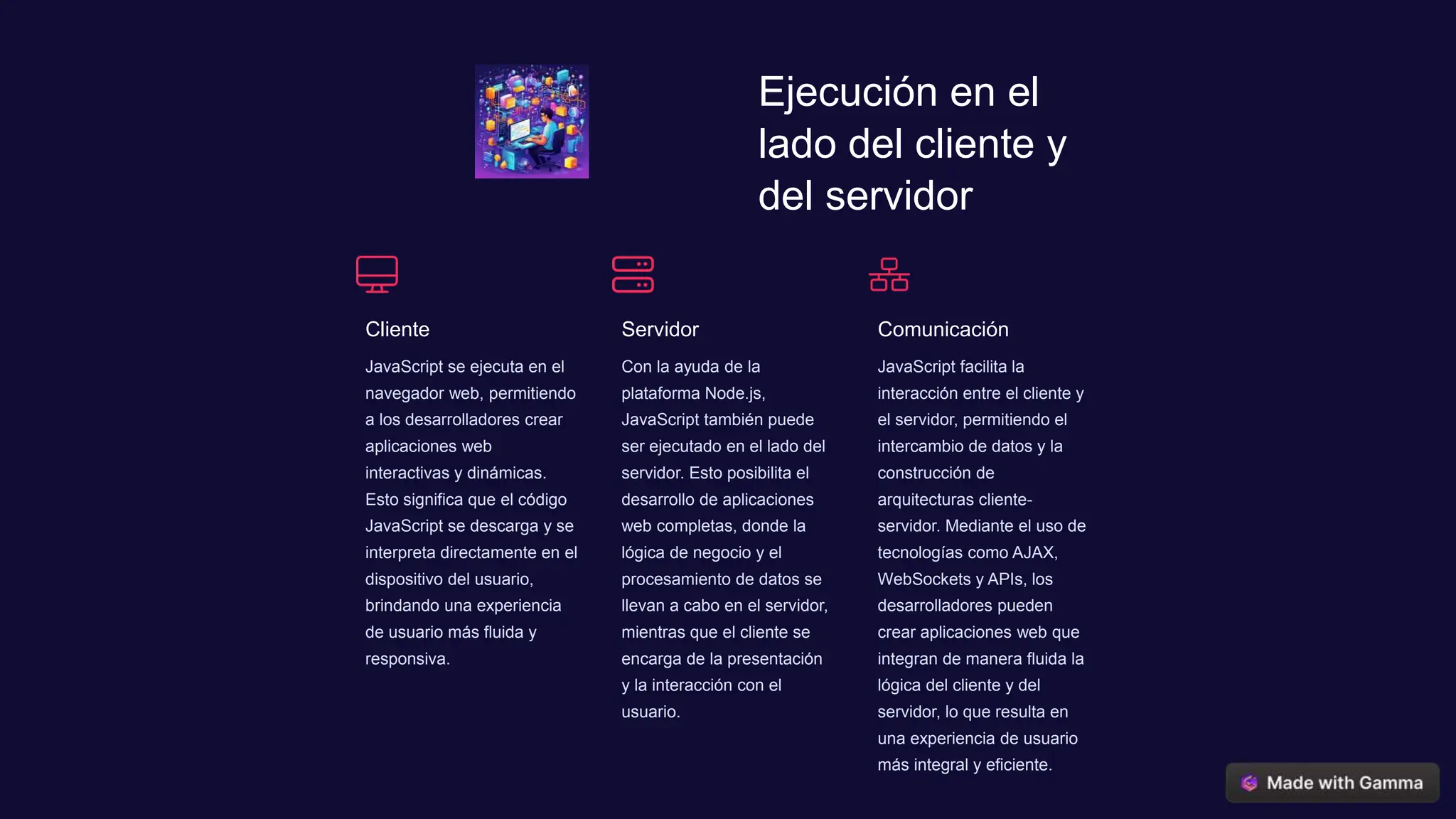 Ejecución en el
lado del cliente y
del servidor
Cliente
JavaScript se ejecuta en el
navegador web, permitiendo
a los desarrolladores crear
aplicaciones web
interactivas y dinámicas.
Esto significa que el código
JavaScript se descarga y se
interpreta directamente en el
dispositivo del usuario,
brindando una experiencia
de usuario más fluida y
responsiva.
Servidor
Con la ayuda de la
plataforma Node.js,
JavaScript también puede
ser ejecutado en el lado del
servidor. Esto posibilita el
desarrollo de aplicaciones
web completas, donde la
lógica de negocio y el
procesamiento de datos se
llevan a cabo en el servidor,
mientras que el cliente se
encarga de la presentación
y la interacción con el
usuario.
Comunicación
JavaScript facilita la
interacción entre el cliente y
el servidor, permitiendo el
intercambio de datos y la
construcción de
arquitecturas cliente-
servidor. Mediante el uso de
tecnologías como AJAX,
WebSockets y APIs, los
desarrolladores pueden
crear aplicaciones web que
integran de manera fluida la
lógica del cliente y del
servidor, lo que resulta en
una experiencia de usuario
más integral y eficiente.
 