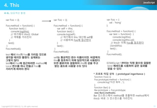JavaScript
4. This
4-6. 대표적인 함정
var Foo = {};
Foo.method = function() {
var self = this;
function test() {
console.log(self);
// 여기에서 this 대신에 self를
// 사용하여 Foo에 접근한다
}
test() ;
}
Foo.method();
var Foo = {
val : 'hong'
};
Foo.method = function() {
var test = function() {
console.log(this);
console.log(this.val);
// this는 이제 Foo를 참조한다
}.bind(this);
test() ;
}
Foo.method();
var Foo = {};
Foo.method = function() {
function test() {
console.log(this);
// 여기에서 this는 Global
// 객체를 가리킨다
}
test();
}
Foo.method();
test 에서 this가 Foo를 가리킬 것으로
Copyright©2015 ABACUS, Co. All rights reserved. 17
self는 통상적인 변수 이름이지만, 바깥쪽의
this를 참조하기 위해 일반적으로 사용된다.
또한 클로저와 결합하여 this의 값을 주고
받는 용도로 사용할 수도 있다
Foo.method();
ECMAScript 5부터는 익명 함수와 결합된
bind 메써드를 사용하여 같은 결과를
얻을 수 있다.
test 에서 this가 Foo를 가리킬 것으로
생각할 테지만 틀렸다. 실제로는
그렇지 않다.
test에서 Foo에 접근하려면 method에
Local 변수를 하나 만들고 Foo를
가리키게 하여야 한다
* 프로토 타입 상속 ( prototypal ingeritance )
function Foo() {};
Foo.prototype.method = function() {
console.log("이건 뭐야 ...");
};
function Bar() {}
Bar.prototype = Foo.prototype;
new Bar().method();
Bar 인스턴스에서 method를 호출하면 method에서
this는 바로 그 인스턴스를 가리킨다.
 