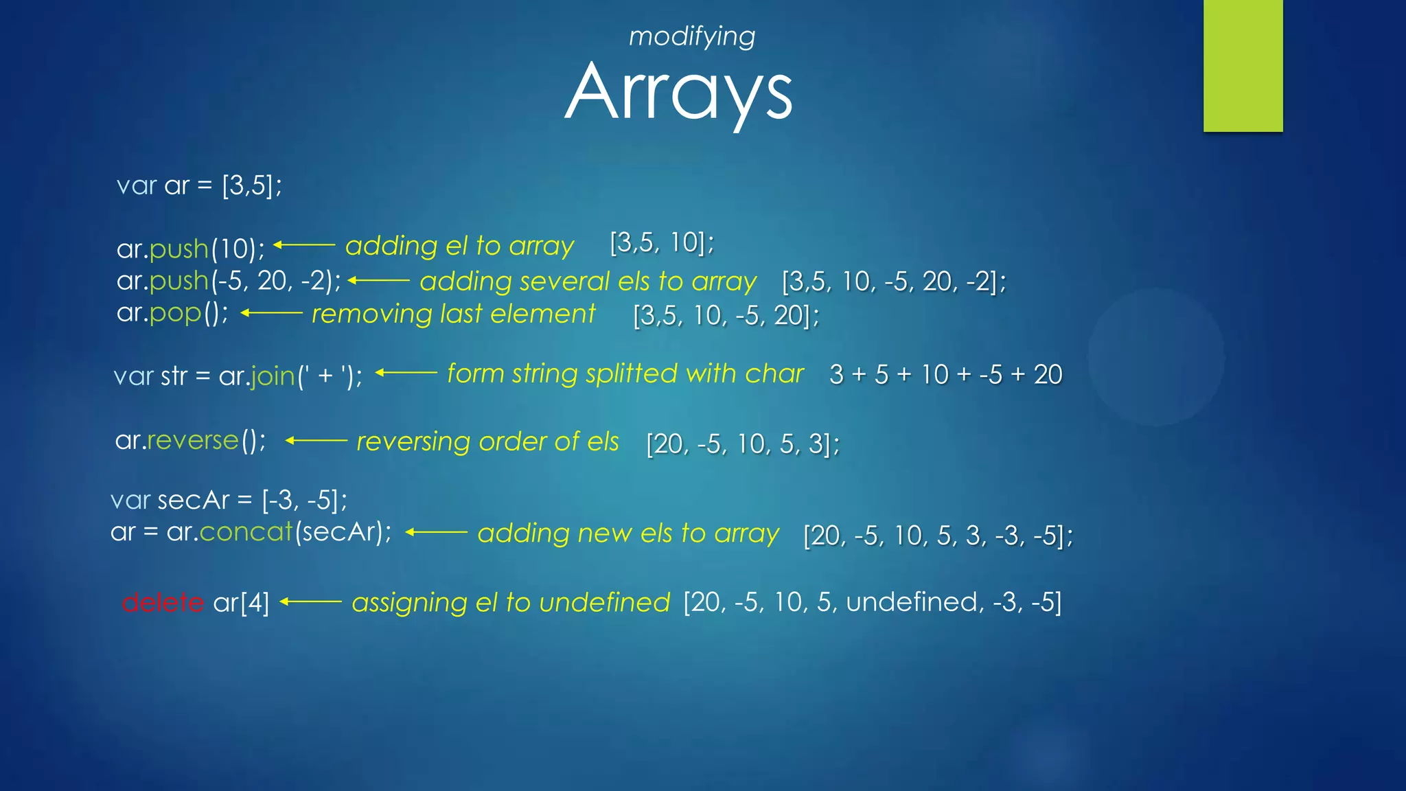 Arrays
modifying
var ar = [3,5];
adding el to array
adding several els to array
form string splitted with char
reversing order of els
adding new els to array
removing last element
[3,5, 10];
[3,5, 10, -5, 20, -2];
[3,5, 10, -5, 20];
3 + 5 + 10 + -5 + 20
[20, -5, 10, 5, 3];
[20, -5, 10, 5, 3, -3, -5];
ar.push(10);
ar.push(-5, 20, -2);
ar.pop();
var str = ar.join(' + ');
ar.reverse();
var secAr = [-3, -5];
ar = ar.concat(secAr);
assigning el to undefined [20, -5, 10, 5, undefined, -3, -5]delete ar[4]
 