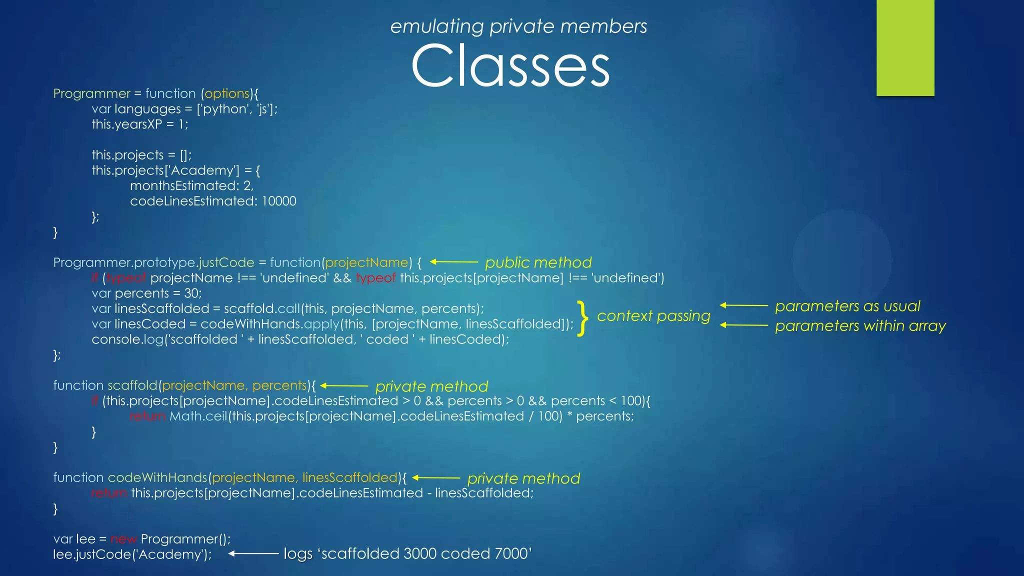 Classes
emulating private members
Programmer = function (options){
var languages = ['python', 'js'];
this.yearsXP = 1;
this.projects = [];
this.projects['Academy'] = {
monthsEstimated: 2,
codeLinesEstimated: 10000
};
}
Programmer.prototype.justCode = function(projectName) {
if (typeof projectName !== 'undefined' && typeof this.projects[projectName] !== 'undefined')
var percents = 30;
var linesScaffolded = scaffold.call(this, projectName, percents);
var linesCoded = codeWithHands.apply(this, [projectName, linesScaffolded]);
console.log('scaffolded ' + linesScaffolded, ' coded ' + linesCoded);
};
function scaffold(projectName, percents){
if (this.projects[projectName].codeLinesEstimated > 0 && percents > 0 && percents < 100){
return Math.ceil(this.projects[projectName].codeLinesEstimated / 100) * percents;
}
}
function codeWithHands(projectName, linesScaffolded){
return this.projects[projectName].codeLinesEstimated - linesScaffolded;
}
var lee = new Programmer();
lee.justCode('Academy');
public method
private method
private method
parameters as usual
parameters within array
context passing}
logs ‘scaffolded 3000 coded 7000’
 
