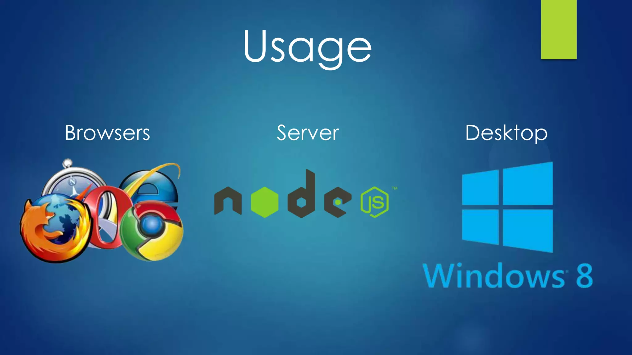 Usage
Browsers Server Desktop
 