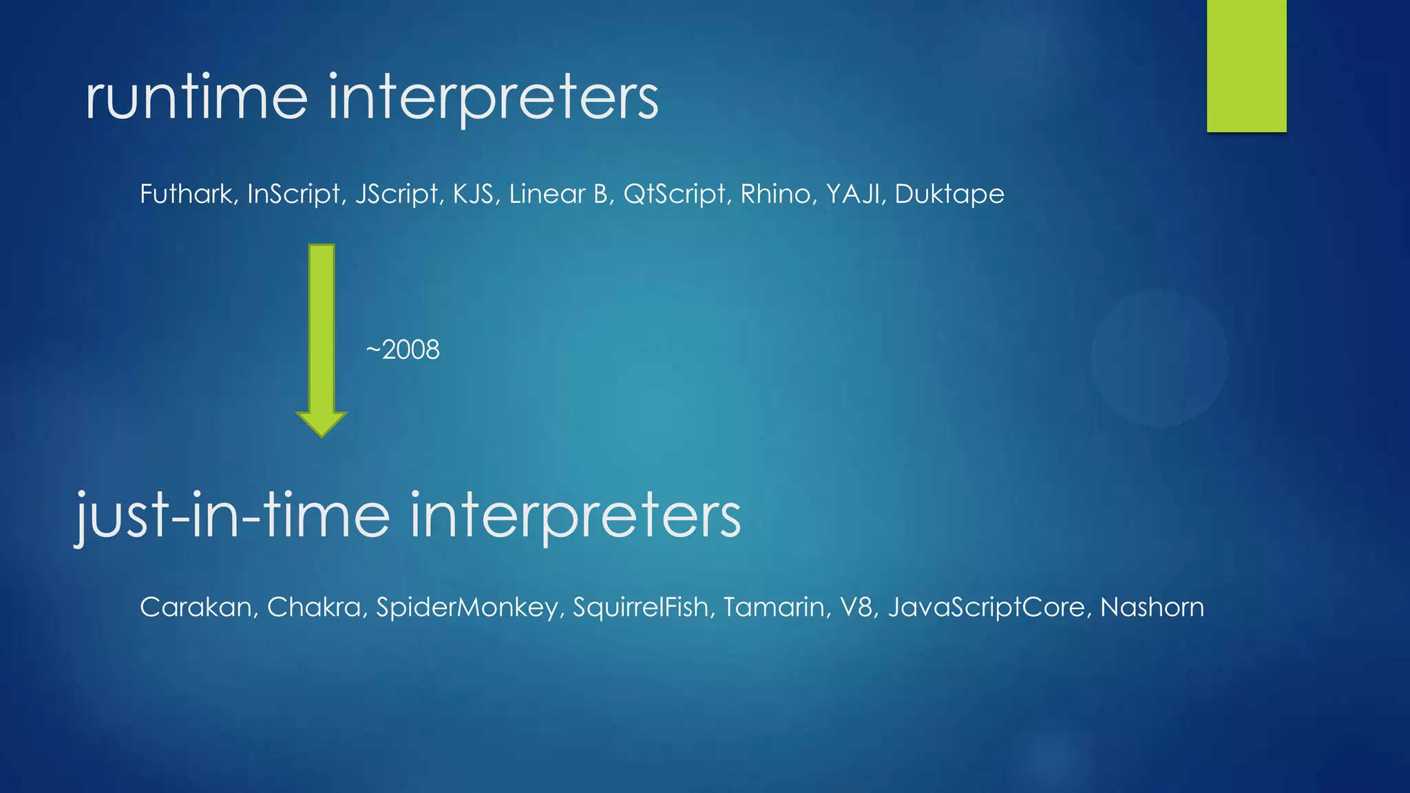 runtime interpreters
Futhark, InScript, JScript, KJS, Linear B, QtScript, Rhino, YAJI, Duktape
just-in-time interpreters
~2008
Carakan, Chakra, SpiderMonkey, SquirrelFish, Tamarin, V8, JavaScriptCore, Nashorn
 