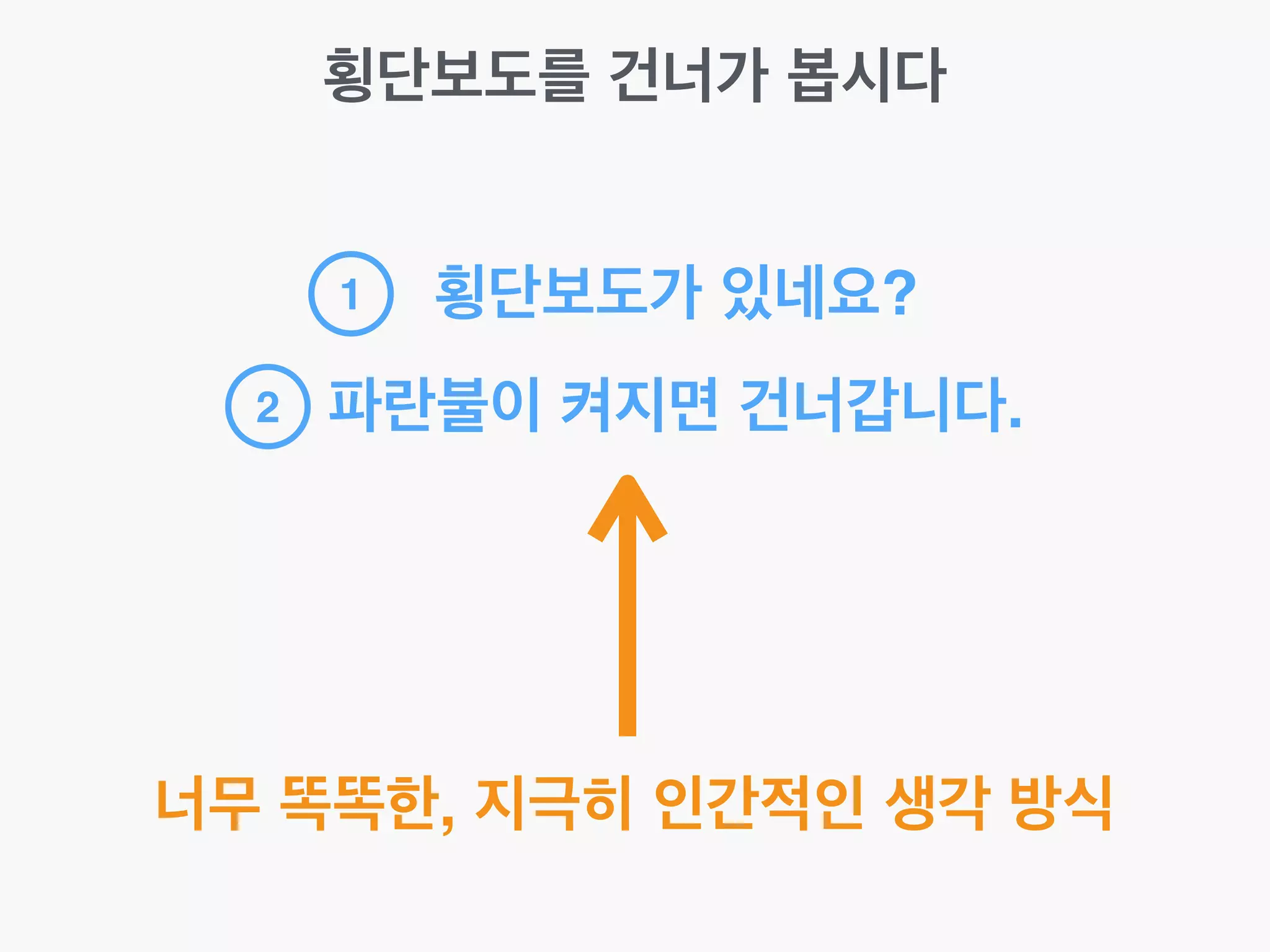 횡단보도를 건너가 봅시다
횡단보도가 있네요?
파란불이 켜지면 건너갑니다.
1
2
너무 똑똑한, 지극히 인간적인 생각 방식
 