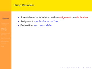 Introduction to
JavaScript
Syropoulos
Programming
Languages
Basics of
JavaScript
Expressions and
Operators
Basic Commands
Deﬁning New
Functions
Finale
.
.
.
.
.
.
.
.
.
.
.
.
.
.
.
.
.
.
.
.
.
.
.
.
.
.
.
.
.
.
.
.
.
.
.
.
.
.
.
.
Using Variables
A variable can be introduced with an assignment or a declaration.
Assignment: variable = value.
Declaration: var variable.
 