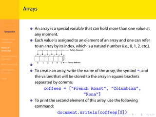 Introduction to
JavaScript
Syropoulos
Programming
Languages
Basics of
JavaScript
Expressions and
Operators
Basic Commands
Deﬁning New
Functions
Finale
.
.
.
.
.
.
.
.
.
.
.
.
.
.
.
.
.
.
.
.
.
.
.
.
.
.
.
.
.
.
.
.
.
.
.
.
.
.
.
.
Arrays
An array is a special variable that can hold more than one value at
any moment.
Each value is assigned to an element of an array and one can refer
to an array by its index, which is a natural number (i.e., 0, 1, 2, etc.).
To create an array, write the name of the array, the symbol =, and
the values that will be stored to the array in square brackets
separated by comma:
coffees = ["French Roast", "Columbian",
"Kona"]
To print the second element of this array, use the following
command:
document.writeln(coffees[0])
 