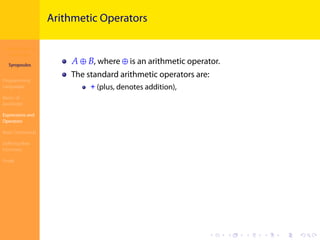 Introduction to
JavaScript
Syropoulos
Programming
Languages
Basics of
JavaScript
Expressions and
Operators
Basic Commands
Deﬁning New
Functions
Finale
.
.
.
.
.
.
.
.
.
.
.
.
.
.
.
.
.
.
.
.
.
.
.
.
.
.
.
.
.
.
.
.
.
.
.
.
.
.
.
.
Arithmetic Operators
𝐴 ⊕ 𝐵, where ⊕ is an arithmetic operator.
The standard arithmetic operators are:
+ (plus, denotes addition),
 