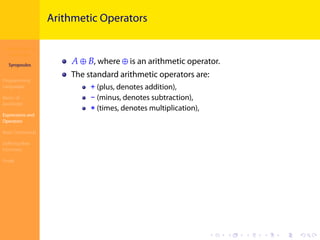 Introduction to
JavaScript
Syropoulos
Programming
Languages
Basics of
JavaScript
Expressions and
Operators
Basic Commands
Deﬁning New
Functions
Finale
.
.
.
.
.
.
.
.
.
.
.
.
.
.
.
.
.
.
.
.
.
.
.
.
.
.
.
.
.
.
.
.
.
.
.
.
.
.
.
.
Arithmetic Operators
𝐴 ⊕ 𝐵, where ⊕ is an arithmetic operator.
The standard arithmetic operators are:
+ (plus, denotes addition),
- (minus, denotes subtraction),
* (times, denotes multiplication),
 