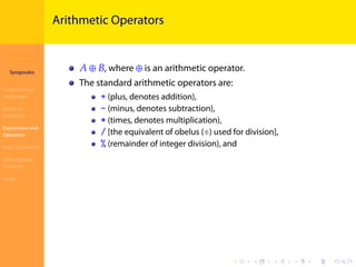 Introduction to
JavaScript
Syropoulos
Programming
Languages
Basics of
JavaScript
Expressions and
Operators
Basic Commands
Deﬁning New
Functions
Finale
.
.
.
.
.
.
.
.
.
.
.
.
.
.
.
.
.
.
.
.
.
.
.
.
.
.
.
.
.
.
.
.
.
.
.
.
.
.
.
.
Arithmetic Operators
𝐴 ⊕ 𝐵, where ⊕ is an arithmetic operator.
The standard arithmetic operators are:
+ (plus, denotes addition),
- (minus, denotes subtraction),
* (times, denotes multiplication),
/ [the equivalent of obelus (÷) used for division],
% (remainder of integer division), and
 