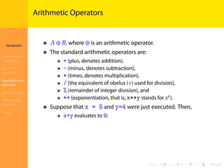 Introduction to
JavaScript
Syropoulos
Programming
Languages
Basics of
JavaScript
Expressions and
Operators
Basic Commands
Deﬁning New
Functions
Finale
.
.
.
.
.
.
.
.
.
.
.
.
.
.
.
.
.
.
.
.
.
.
.
.
.
.
.
.
.
.
.
.
.
.
.
.
.
.
.
.
Arithmetic Operators
𝐴 ⊕ 𝐵, where ⊕ is an arithmetic operator.
The standard arithmetic operators are:
+ (plus, denotes addition),
- (minus, denotes subtraction),
* (times, denotes multiplication),
/ [the equivalent of obelus (÷) used for division],
% (remainder of integer division), and
** (exponentiation, that is, x**y stands for 𝑥 𝑦
).
Suppose that x = 5 and y=4 were just executed. Then,
x+y evaluates to 9;
 