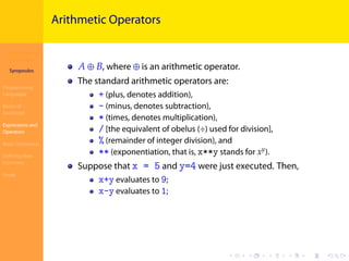 Introduction to
JavaScript
Syropoulos
Programming
Languages
Basics of
JavaScript
Expressions and
Operators
Basic Commands
Deﬁning New
Functions
Finale
.
.
.
.
.
.
.
.
.
.
.
.
.
.
.
.
.
.
.
.
.
.
.
.
.
.
.
.
.
.
.
.
.
.
.
.
.
.
.
.
Arithmetic Operators
𝐴 ⊕ 𝐵, where ⊕ is an arithmetic operator.
The standard arithmetic operators are:
+ (plus, denotes addition),
- (minus, denotes subtraction),
* (times, denotes multiplication),
/ [the equivalent of obelus (÷) used for division],
% (remainder of integer division), and
** (exponentiation, that is, x**y stands for 𝑥 𝑦
).
Suppose that x = 5 and y=4 were just executed. Then,
x+y evaluates to 9;
x-y evaluates to 1;
 