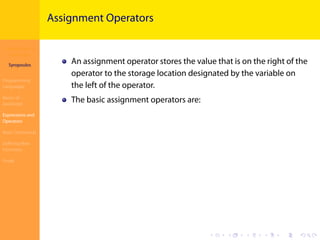 Introduction to
JavaScript
Syropoulos
Programming
Languages
Basics of
JavaScript
Expressions and
Operators
Basic Commands
Deﬁning New
Functions
Finale
.
.
.
.
.
.
.
.
.
.
.
.
.
.
.
.
.
.
.
.
.
.
.
.
.
.
.
.
.
.
.
.
.
.
.
.
.
.
.
.
Assignment Operators
An assignment operator stores the value that is on the right of the
operator to the storage location designated by the variable on
the left of the operator.
The basic assignment operators are:
 