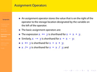 Introduction to
JavaScript
Syropoulos
Programming
Languages
Basics of
JavaScript
Expressions and
Operators
Basic Commands
Deﬁning New
Functions
Finale
.
.
.
.
.
.
.
.
.
.
.
.
.
.
.
.
.
.
.
.
.
.
.
.
.
.
.
.
.
.
.
.
.
.
.
.
.
.
.
.
Assignment Operators
An assignment operator stores the value that is on the right of the
operator to the storage location designated by the variable on
the left of the operator.
The basic assignment operators are:
The expression x += y is shorthand for x = x + y.
Similarly, x -= y is shorthand for x = x - y;
x *= y is shorthand for x = x * y;
x /= y is shorthand for x = x / y; and
 