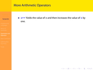 Introduction to
JavaScript
Syropoulos
Programming
Languages
Basics of
JavaScript
Expressions and
Operators
Basic Commands
Deﬁning New
Functions
Finale
.
.
.
.
.
.
.
.
.
.
.
.
.
.
.
.
.
.
.
.
.
.
.
.
.
.
.
.
.
.
.
.
.
.
.
.
.
.
.
.
More Arithmetic Operators
x++ Yields the value of x and then increases the value of x by
one.
 