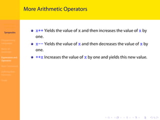 Introduction to
JavaScript
Syropoulos
Programming
Languages
Basics of
JavaScript
Expressions and
Operators
Basic Commands
Deﬁning New
Functions
Finale
.
.
.
.
.
.
.
.
.
.
.
.
.
.
.
.
.
.
.
.
.
.
.
.
.
.
.
.
.
.
.
.
.
.
.
.
.
.
.
.
More Arithmetic Operators
x++ Yields the value of x and then increases the value of x by
one.
x-- Yields the value of x and then decreases the value of x by
one.
++x Increases the value of x by one and yields this new value.
 