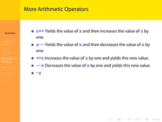 Introduction to
JavaScript
Syropoulos
Programming
Languages
Basics of
JavaScript
Expressions and
Operators
Basic Commands
Deﬁning New
Functions
Finale
.
.
.
.
.
.
.
.
.
.
.
.
.
.
.
.
.
.
.
.
.
.
.
.
.
.
.
.
.
.
.
.
.
.
.
.
.
.
.
.
More Arithmetic Operators
x++ Yields the value of x and then increases the value of x by
one.
x-- Yields the value of x and then decreases the value of x by
one.
++x Increases the value of x by one and yields this new value.
--x Decreases the value of x by one and yields this new value.
-x
 