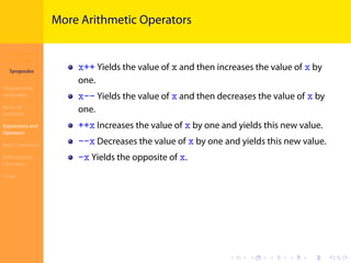 Introduction to
JavaScript
Syropoulos
Programming
Languages
Basics of
JavaScript
Expressions and
Operators
Basic Commands
Deﬁning New
Functions
Finale
.
.
.
.
.
.
.
.
.
.
.
.
.
.
.
.
.
.
.
.
.
.
.
.
.
.
.
.
.
.
.
.
.
.
.
.
.
.
.
.
More Arithmetic Operators
x++ Yields the value of x and then increases the value of x by
one.
x-- Yields the value of x and then decreases the value of x by
one.
++x Increases the value of x by one and yields this new value.
--x Decreases the value of x by one and yields this new value.
-x Yields the opposite of x.
 