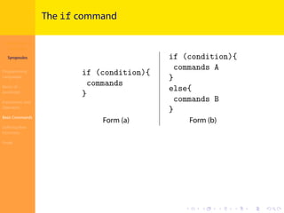 Introduction to
JavaScript
Syropoulos
Programming
Languages
Basics of
JavaScript
Expressions and
Operators
Basic Commands
Deﬁning New
Functions
Finale
.
.
.
.
.
.
.
.
.
.
.
.
.
.
.
.
.
.
.
.
.
.
.
.
.
.
.
.
.
.
.
.
.
.
.
.
.
.
.
.
The if command
if (condition){
commands
}
if (condition){
commands A
}
else{
commands B
}
Form (a) Form (b)
 