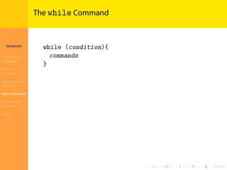 Introduction to
JavaScript
Syropoulos
Programming
Languages
Basics of
JavaScript
Expressions and
Operators
Basic Commands
Deﬁning New
Functions
Finale
.
.
.
.
.
.
.
.
.
.
.
.
.
.
.
.
.
.
.
.
.
.
.
.
.
.
.
.
.
.
.
.
.
.
.
.
.
.
.
.
The while Command
while (condition){
commands
}
 