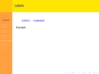 Introduction to
JavaScript
Syropoulos
Programming
Languages
Basics of
JavaScript
Expressions and
Operators
Basic Commands
Deﬁning New
Functions
Finale
.
.
.
.
.
.
.
.
.
.
.
.
.
.
.
.
.
.
.
.
.
.
.
.
.
.
.
.
.
.
.
.
.
.
.
.
.
.
.
.
Labels
label: command
Example
 