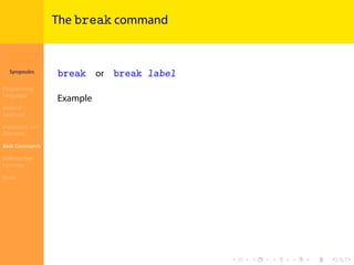 Introduction to
JavaScript
Syropoulos
Programming
Languages
Basics of
JavaScript
Expressions and
Operators
Basic Commands
Deﬁning New
Functions
Finale
.
.
.
.
.
.
.
.
.
.
.
.
.
.
.
.
.
.
.
.
.
.
.
.
.
.
.
.
.
.
.
.
.
.
.
.
.
.
.
.
The break command
break or break label
Example
 