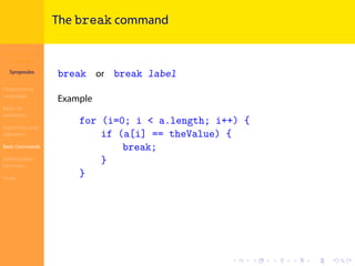 Introduction to
JavaScript
Syropoulos
Programming
Languages
Basics of
JavaScript
Expressions and
Operators
Basic Commands
Deﬁning New
Functions
Finale
.
.
.
.
.
.
.
.
.
.
.
.
.
.
.
.
.
.
.
.
.
.
.
.
.
.
.
.
.
.
.
.
.
.
.
.
.
.
.
.
The break command
break or break label
Example
for (i=0; i < a.length; i++) {
if (a[i] == theValue) {
break;
}
}
 