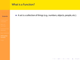 Introduction to
JavaScript
Syropoulos
Programming
Languages
Basics of
JavaScript
Expressions and
Operators
Basic Commands
Deﬁning New
Functions
Finale
.
.
.
.
.
.
.
.
.
.
.
.
.
.
.
.
.
.
.
.
.
.
.
.
.
.
.
.
.
.
.
.
.
.
.
.
.
.
.
.
What is a Function?
A set is a collection of things (e.g., numbers, objects, people, etc.).
 
