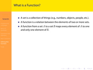 Introduction to
JavaScript
Syropoulos
Programming
Languages
Basics of
JavaScript
Expressions and
Operators
Basic Commands
Deﬁning New
Functions
Finale
.
.
.
.
.
.
.
.
.
.
.
.
.
.
.
.
.
.
.
.
.
.
.
.
.
.
.
.
.
.
.
.
.
.
.
.
.
.
.
.
What is a Function?
A set is a collection of things (e.g., numbers, objects, people, etc.).
A function is a relation between the elements of two or more sets.
A function from a set 𝐴 to a set 𝐵 maps every element of 𝐴 to one
and only one element of 𝐵.
 