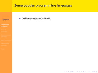 Introduction to
JavaScript
Syropoulos
Programming
Languages
Basics of
JavaScript
Expressions and
Operators
Basic Commands
Deﬁning New
Functions
Finale
.
.
.
.
.
.
.
.
.
.
.
.
.
.
.
.
.
.
.
.
.
.
.
.
.
.
.
.
.
.
.
.
.
.
.
.
.
.
.
.
Some popular programming languages
Old languages: FORTRAN,
 